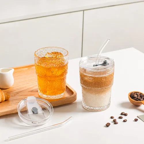 Vista 2 de SoulTimes Vaso de cristal de flor de Begonia de 13 onzas con tapa y pajita, vasos de café helado para batidos, matcha, jugo, agua, etc. Cristalería