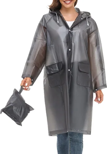 Vista 3 de Chubasqueros para mujeres y hombres, reutilizables, portátiles, impermeables, EVA, largos ponchos de lluvia con capuchas Negro