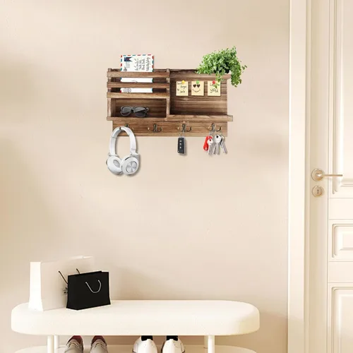 Vista 4 de Porta Llaves de Pared, Organizador de Llaves y Correo de Madera Sólida para Pared (Autoadhesivo o con Taladro), 8 Ganchos para Llavero para Entrada
