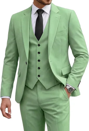 Vista 42 de Traje de 3 piezas para hombre con corbata, chaleco sólido de un botón y beige (529-beige)