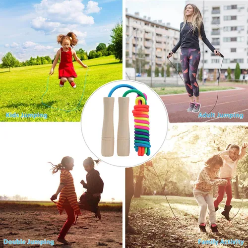 Vista 3 de Cuerda de saltar para niños, cuerda de saltar ajustable de algodón de 8.5 pies con mango de madera para niños y niñas, ejercicio al aire libre