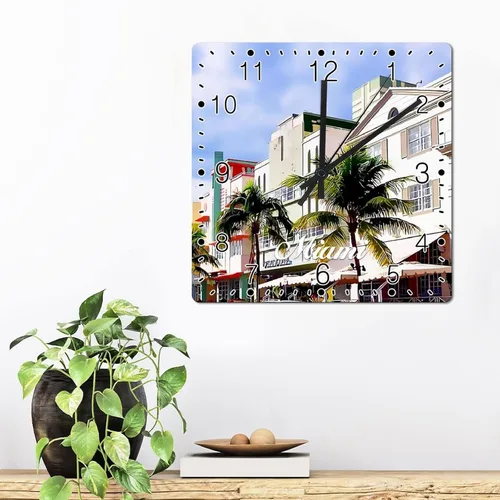 Vista 3 de Miami Landscape Wooden Wall Clock Florida USA Cityscape Travel Square Clocks Decorative Clocks Battery Operated 15 Inch Non-Ticking Modern Living