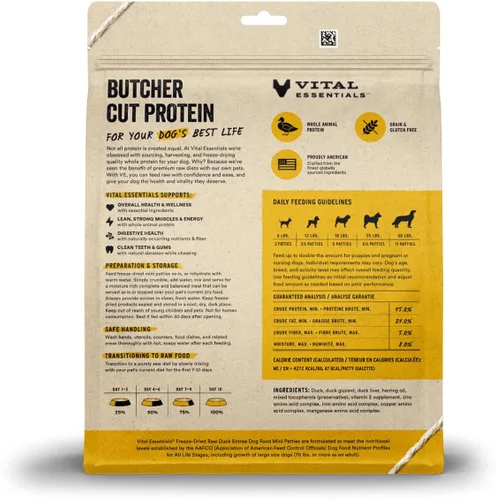 Vista 2 de Vital Essentials Alimento Crudo Liofilizado para Perros, Mini Hamburguesas de Pato, 14 oz Comida suave o completa, hecha con 99% de pato, órganos
