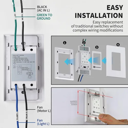 Vista 4 de Ventilador de techo universal con control de pared con interruptor de cuatro velocidades y atenuador de luz LED/incandescente, interruptor de pared
