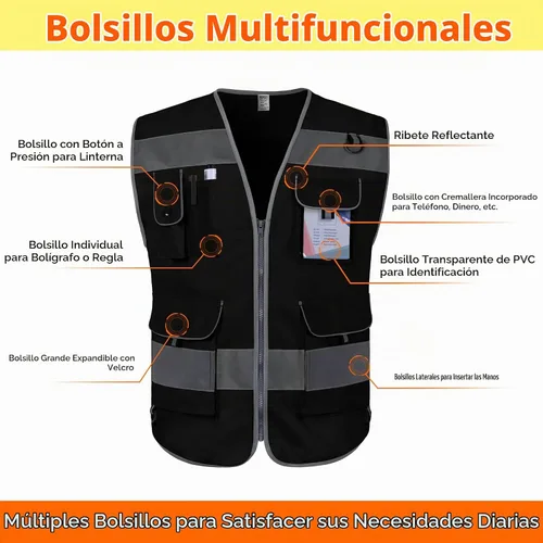 Vista 3 de TCCFCCT Chaleco de seguridad reflectante de alta visibilidad con 9 bolsillos para hombres y mujeres, chaleco de construcción Hi Vis con tiras