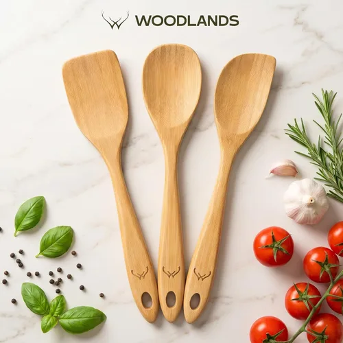 Vista 4 de Prime - Juego de 3 cucharas de madera de bambú para cocinar, utensilios de cocina de madera con mango largo, incluye cuchara plana de madera