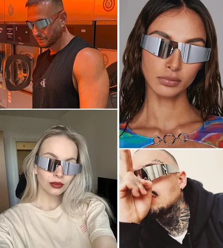 Vista 3 de NULOOQ Y2K - Gafas de sol futuristas envolventes sin montura para mujeres y hombres, gafas de sol de moda Cyberpunk con visera monobloque