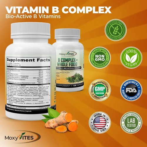 Vista 6 de Vitamina B Complex - Vitaminas B Complejo alimenticio integral, B12 Metilcobalamina, B1, B2, B3, B5, B6, B7, B9 - para estrés, energía y apoyo