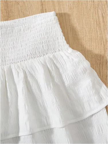 Vista 5 de RoseSeek Faldas de Capas Escalonadas Fruncidas Boho Smocked para Niña, Casuales, Lindas, de Cintura Alta, Plisadas, con Volantes, Fluidas, Elásticas