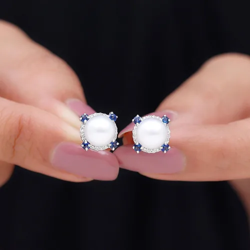 Vista 5 de Mother's Day Gifts for Mom, Pearl Halo Stud Earrings for Women, 7MM Freshwater Pearl, 925 Sterling Silver White Pearl Earrings with Blue Sapphire