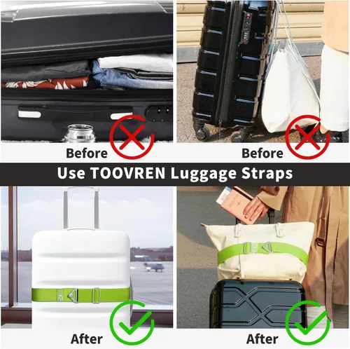 Vista 5 de TOOVREN Cinturón de viaje 2 en 1 para correas de equipaje, para añadir una bolsa, correa de equipaje con asa para maletas, cinturón elástico