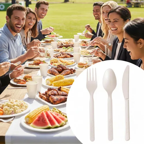 Vista 5 de Juego de cubiertos 100% compostables, 300 tenedores, cucharas y cuchillos desechables, utensilios resistentes a base de plantas de 7 pulgadas