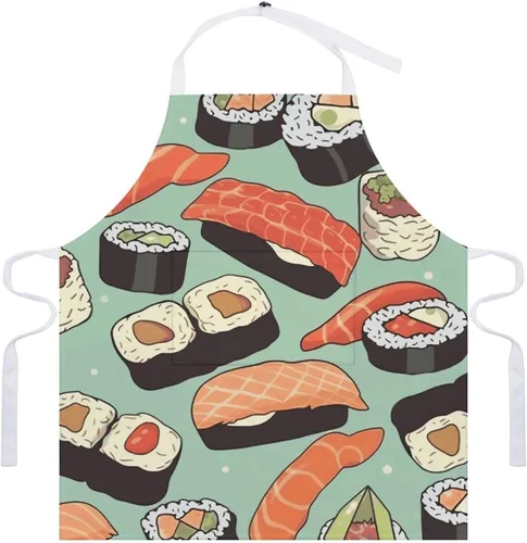 Vista 7 de MUSM Sushi Food Pattern Apron，Classic Vintage Funny with Pockets Aprons,Adjustable Bib Waterdrop Resistant for Kitchen Cooking Restaurant BBQ