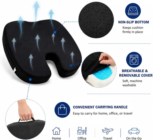Vista 4 de Cojín de asiento para sentarse de forma prolongada, cojín de espuma viscoelástica de gel refrescante, espalda, ciática, coxis, alivio del dolor