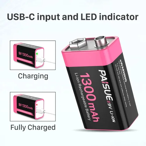Vista 4 de Baterías recargables de 9 V, baterías de iones de litio de alta capacidad de 1300 mAh de larga duración de 9 voltios con cable de carga rápida USB C