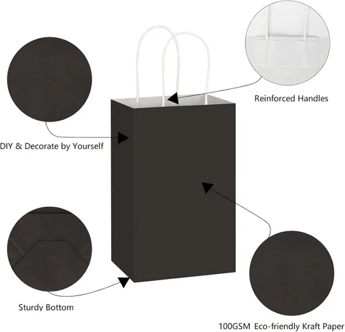 Vista 3 de Toovip Paquete de 50 bolsas pequeñas de papel kraft negro de 5.25 x 3.25 x 8.25 pulgadas con asas a granel, bolsas de regalo para regalos