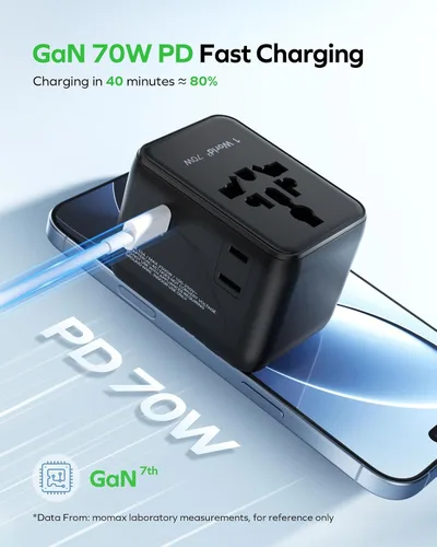 Vista 4 de MOMAX 70W Adaptador de viaje universal 7 en 1 GaN Adaptador de corriente internacional Negro