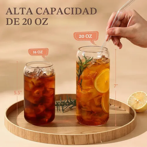 Vista 2 de VITEVER Tazas de vidrio de 20 OZ con tapas de bambú y pajita de vidrio - Juego de vasos para beber con forma de lata de cerveza, vasos para café