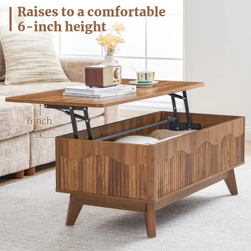 Vista 4 de BERRYMERRY Mesa de centro elevable con almacenamiento oculto, mesa de centro acanalada de granja con perfil ondulado, mesa central rectangular