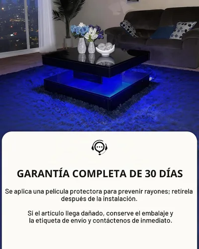 Vista 5 de FKWin Mesa de salón negra – Mesa de centro LED con luces, mesa de centro negra moderna contemporánea, mesa central cuadrada de superficie de alto