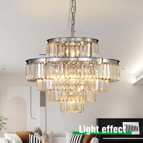 Vista 2 de Candelabros y luces de cristal de estilo moderno cromado redondos colgantes clásicos, lámpara colgante de techo accesorio de iluminación de 5