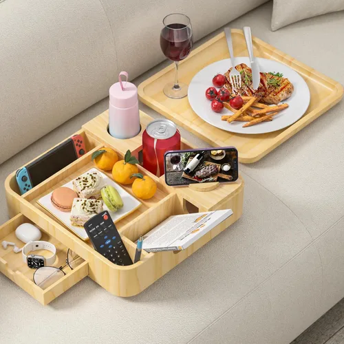 Vista 11 de Soporte para tazas de sofá, bandejas de madera de acacia de 2 niveles