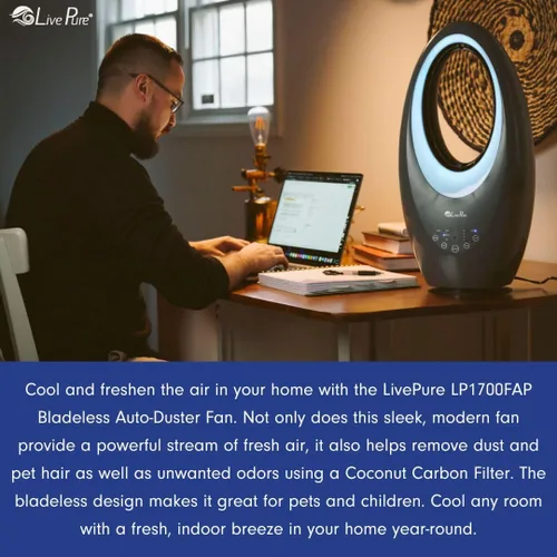 Vista 8 de LivePure Ventilador oscilante sin aspas con filtro. Ajuste de 3 velocidades, control táctil, ventilador de enfriamiento silencioso. Ventilador