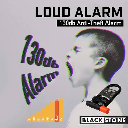 Vista 2 de Blackstone Alarma antirrobo de 130 dB con bloqueo en U resistente con cable de seguridad (alarma U-Lock con cable)