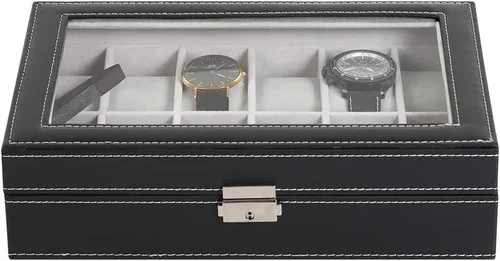 Vista 5 de LIANTRAL Caja de reloj para hombre regalo de San Valentín para él 12 ranuras de cuero organizador de reloj parte superior de cristal negro