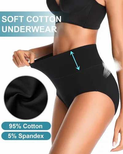 Vista 4 de OUENZ Ropa interior de algodón para mujer, de cintura alta, cobertura completa, calzoncillos posparto, suaves, elásticos, paquete múltiple Negro A