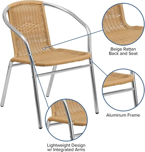 Vista 4 de Flash Furniture Silla de pila de restaurante para interior-exterior de aluminio comercial y ratán beige