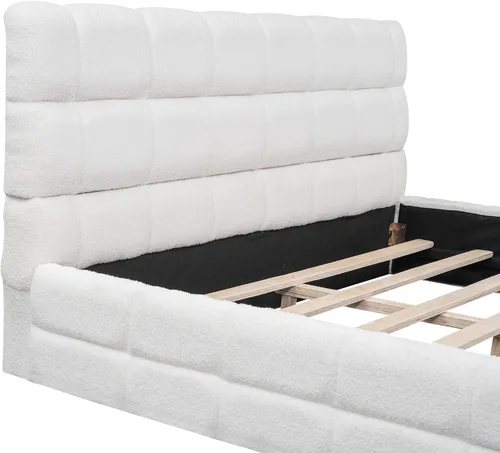 Vista 6 de Moderna cama tapizada de tamaño Queen, forro polar bereber grueso, base de colchón tapizada con cabecera copetuda y soporte de listones de madera