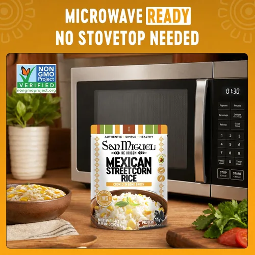 Vista 4 de San Miguel - Arroz de maíz mexicano para microondas, 0.39 oz de proteína Arroz de maíz callejero mexicano • Caldo de huesos • Aceite de aguacate •
