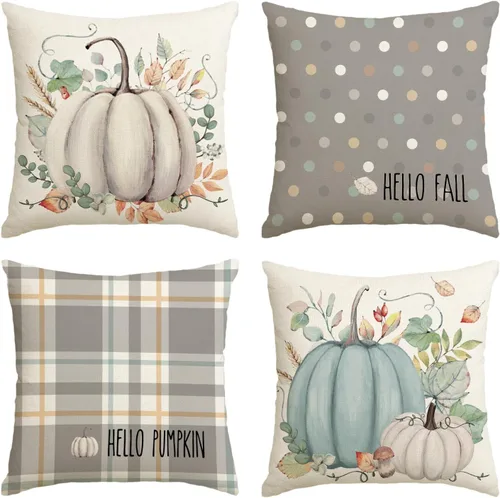 Vista 8 de AVOIN colorlife Juego de 4 fundas de almohada de Hello Fall Hello Pumpkin de 16 x 16 pulgadas, cosecha de Acción de Gracias de otoño, decoración