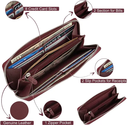 Vista 3 de BOTANNER Cartera para mujer, piel auténtica, 2 compartimentos para billetes, bolsa con cremallera para monedas, 8 ranuras para tarjetas de crédito