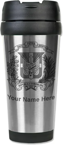 Vista 6 de LaserGram Taza de viaje de café de 16 onzas, escudo de armas República Dominicana, grabado personalizado incluido (negro)