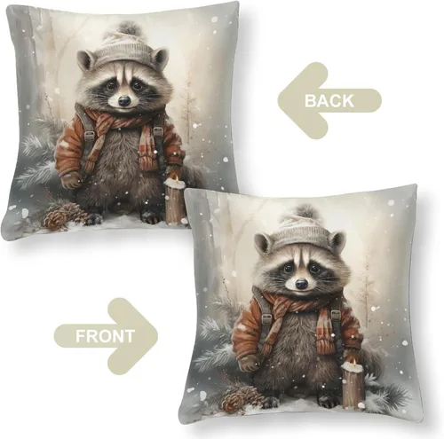 Vista 3 de Almohadas grandes para sofá de 16 x 16 pulgadas, diseño de mapache de dibujos animados, Navidad, nieve, invierno, cuadradas, de satén, funda