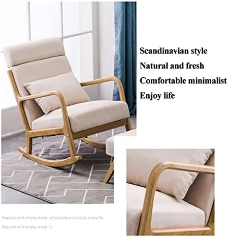 Vista 6 de Solid Wood Rocking Chair with Footrest Modern Fabric Design Comfortable Headrest for Home Office & StudyStylish & Ergonomic Seating