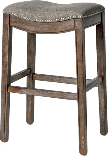 Vista 12 de Maven Lane Adrien Taburete de bar sin espalda, juego de 2, asiento de silla de montar de 31 pulgadas con reposapiés, marco de madera maciza marrón