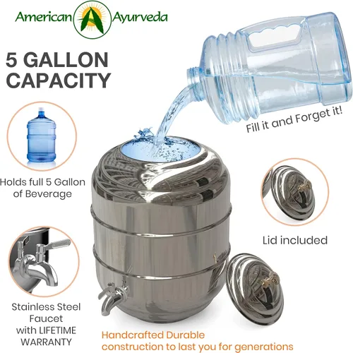 Vista 2 de Dispensador de bebidas de 5 galones de acero inoxidable para encimera con llave de grifo, asa y tapa para dispensar agua fría, bebidas, té