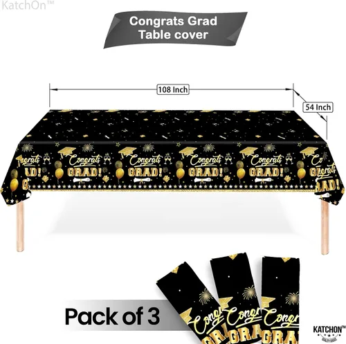 Vista 2 de KatchOn Mantel de graduación extragrande de 54 x 108 pulgadas, paquete de 3, decoraciones de graduación 2026, mantel de graduación negro y dorado