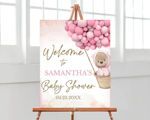 Vista 13 de Globo de aire caliente azul Boho Bear Can Bearly Wait Welcome Sign Decoración, descarga instantánea, letrero de plástico