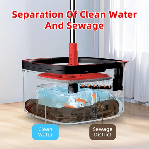 Vista 5 de Trapeador giratorio y cubo con sistema de agua sucia y limpia M16 con 2 almohadillas, cabezal de trapeador giratorio de 360° y cubo para piso