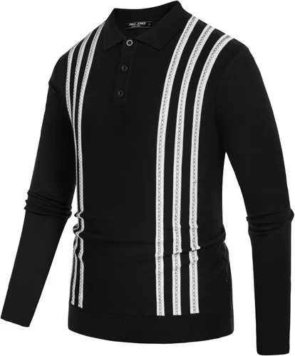 Vista 3 de PJ PAUL JONES Men's Vintage Stripe Knitted Polo Shirts Breathable Button Casual Pullover Sweater