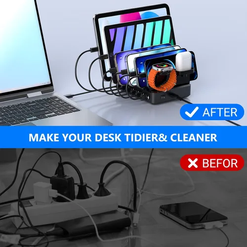 Vista 5 de Estación de carga para múltiples dispositivos, estación de carga USB de 68W y 6 puertos con carga rápida USB-C PD de 20W, 8 cables compatibles