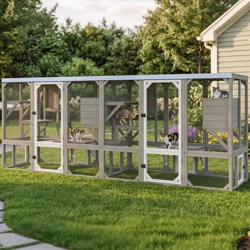 Vista 8 de PetsCosset Catio - Recintos para gatos al aire libre, casa grande para gatos de 4 pisos para ventana interior y exterior, catio exterior de madera