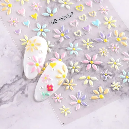 Vista 3 de Calcomanías de arte de uñas de flores, holográficas 5D en relieve de flores en relieve de corazón, calcomanías autoadhesivas para uñas, decoración