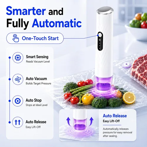 Vista 5 de Sellador al vacío UV para alimentos con 30 bolsas de vacío reutilizables -60kPa - Máquina selladora al vacío compacta de mano para ahorro