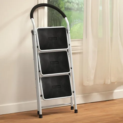 Vista 5 de LivingSURE Combo de taburete de escalera de 3 escalones con asa, taburete plegable antideslizante, escalera de pedal extra ancha resistente