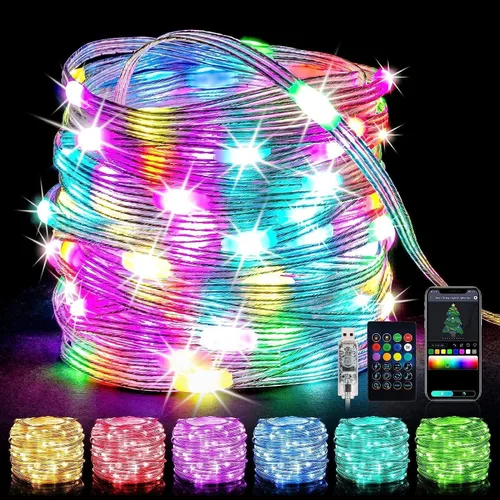 Vista 9 de LUXONIC Luces de hadas con control de aplicación inteligente, 2 luces LED RGB parpadeantes de 32.5 pies para dormitorio, tira de luces